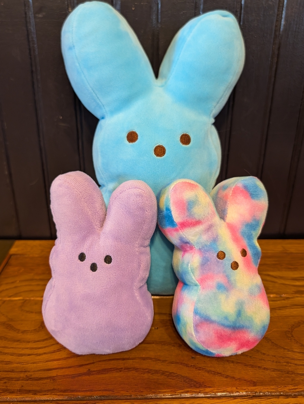 Lot Of 3 Peep Bunny Plushies- Light Blue Large One, Tie Dye & Purple Mini